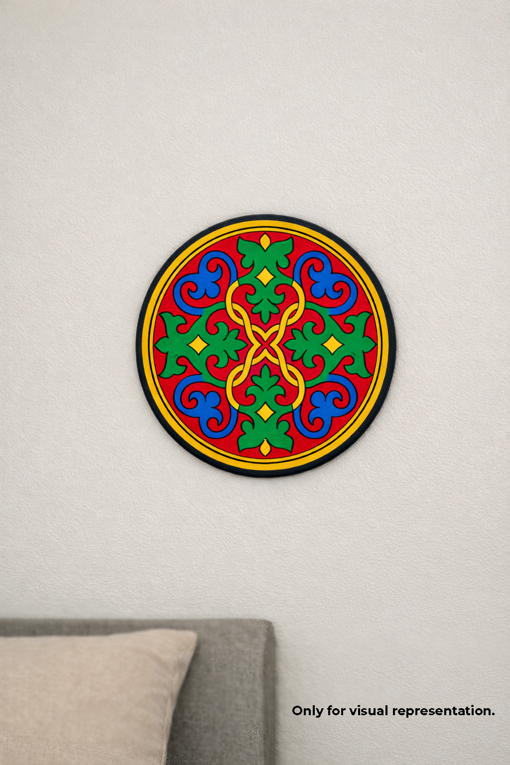 Decorative MDF DIY mandala wall art with colorful pattern on a plain wall.