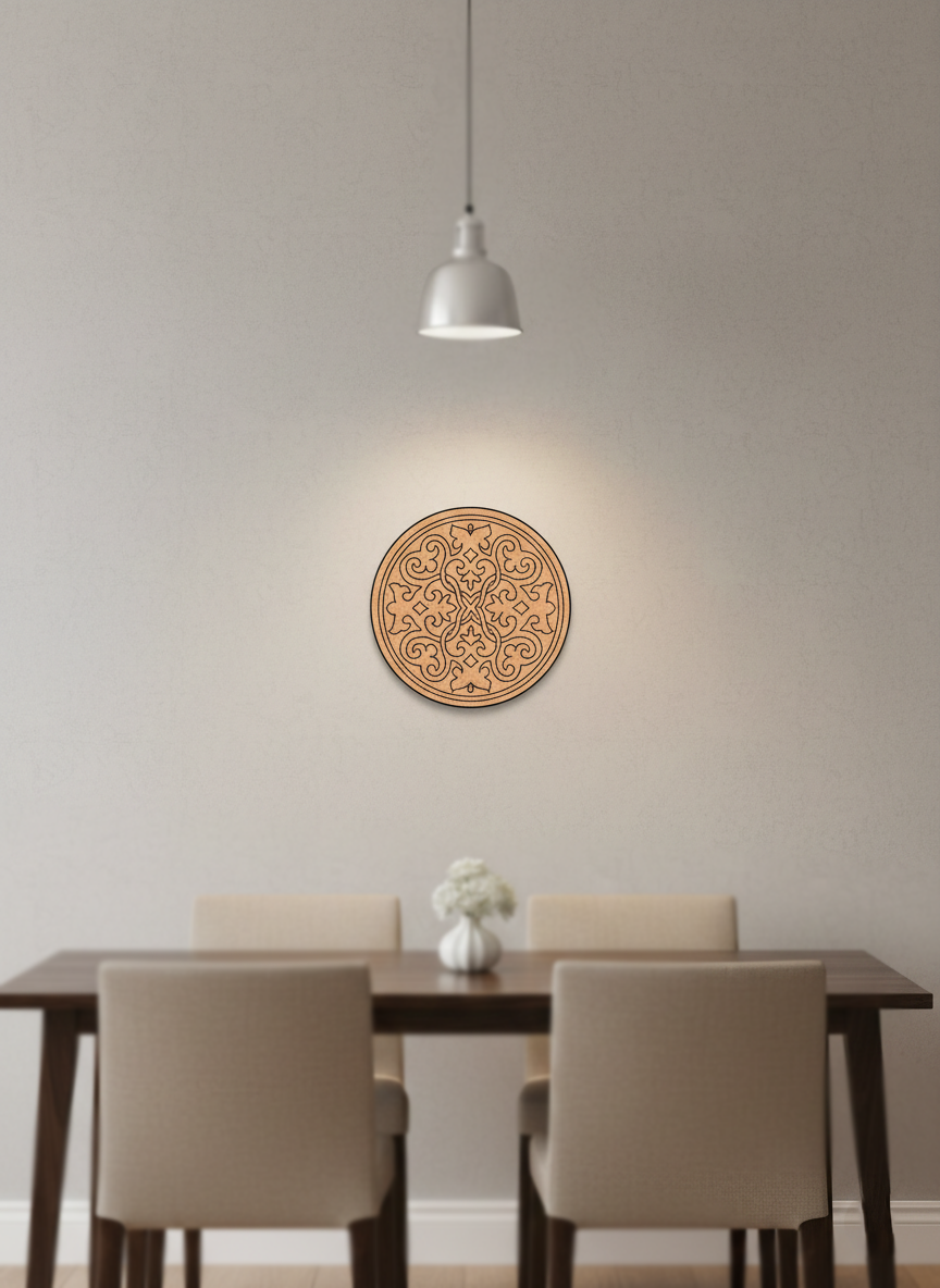Decorative MDF DIY mandala wall art with a circular pattern in a dining room setting.