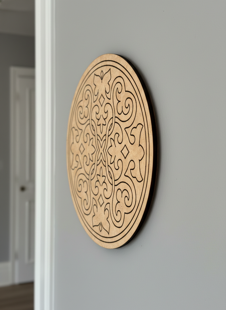 Decorative MDF DIY mandala wall art with intricate patterns on a gray wall.