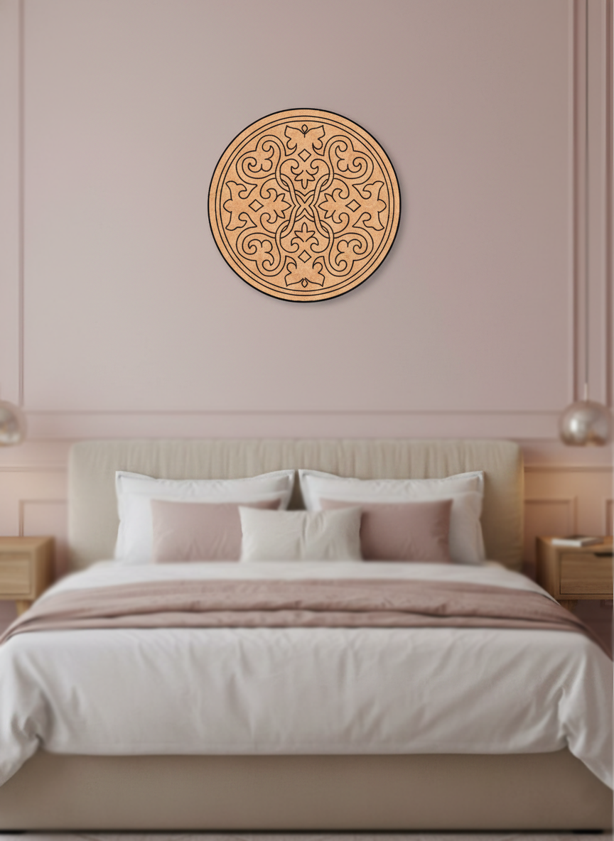 Decorative MDF DIY mandala wall art above a bed in a bedroom with pink walls.