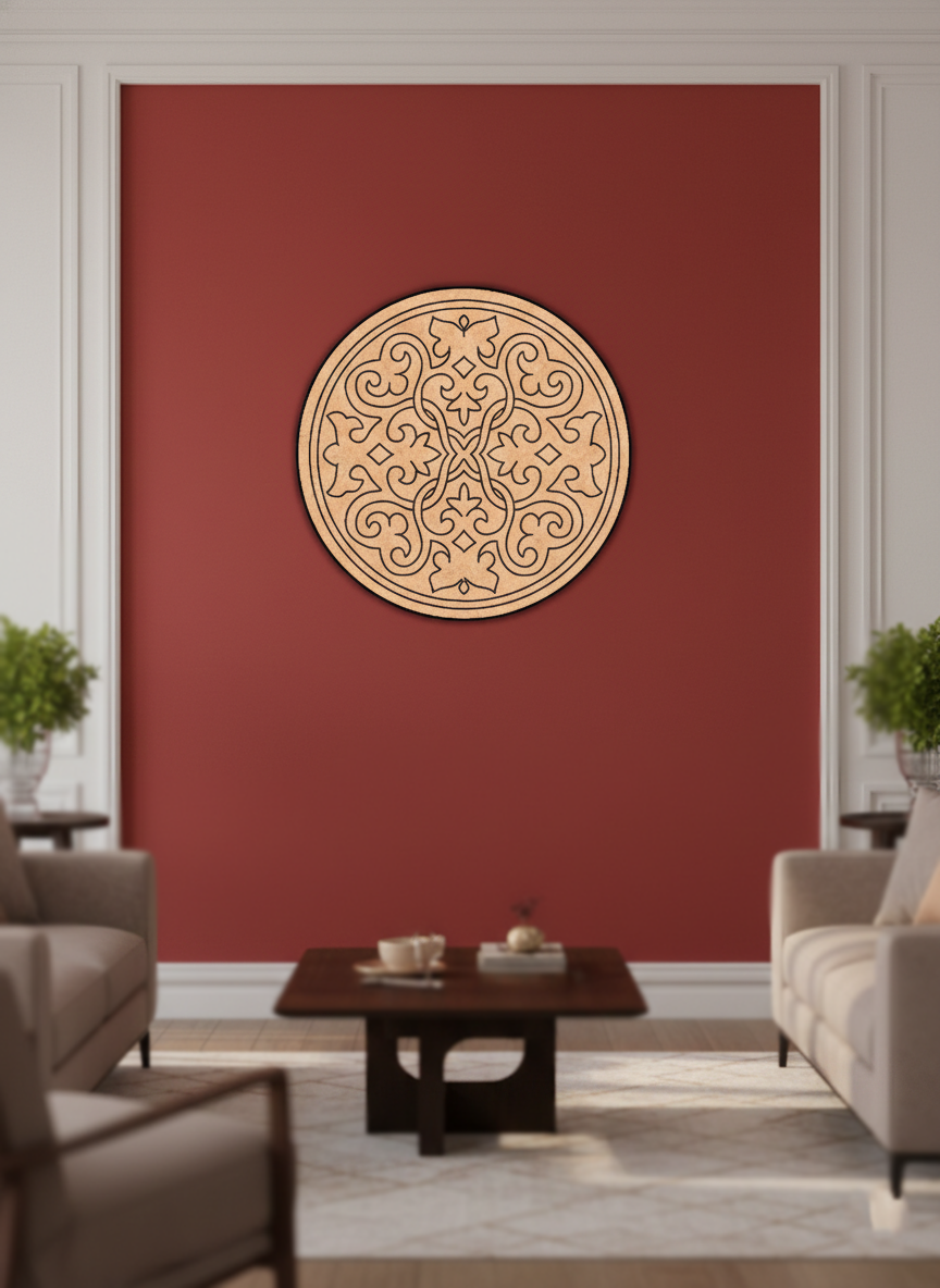 Decorative MDF DIY mandala wall art on a red wall in a living room setting