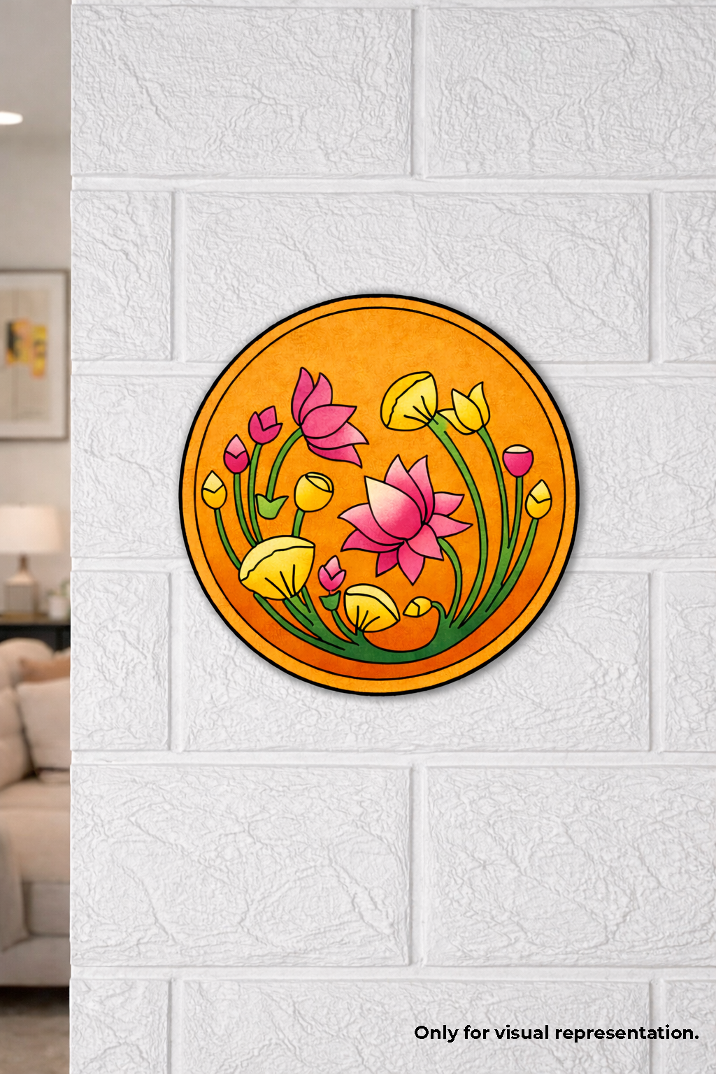 Decorative DIY MDF wall art with floral design on a white brick wall.