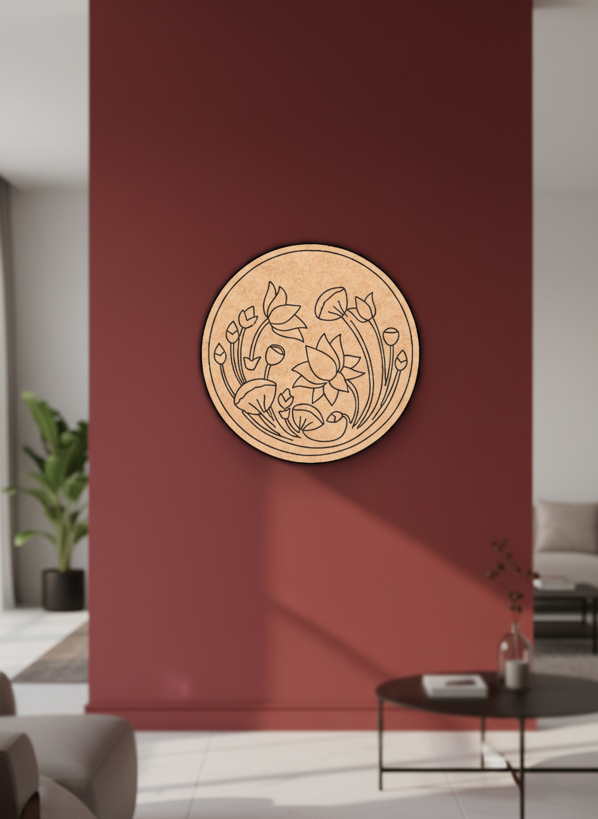 Decorative  DIY MDF  wall art with floral design on a red wall in a living room.