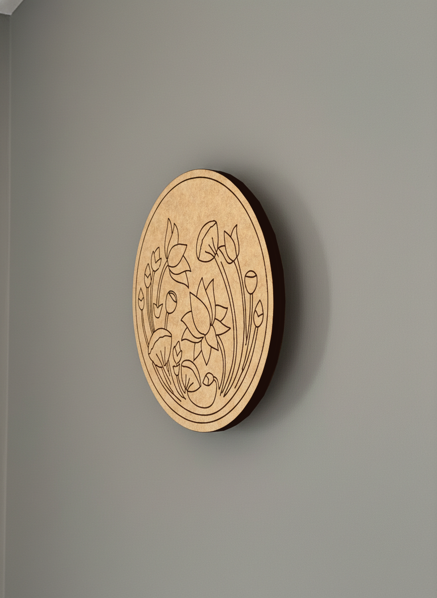 Round  DIY MDF  wall art with floral design on a gray wall