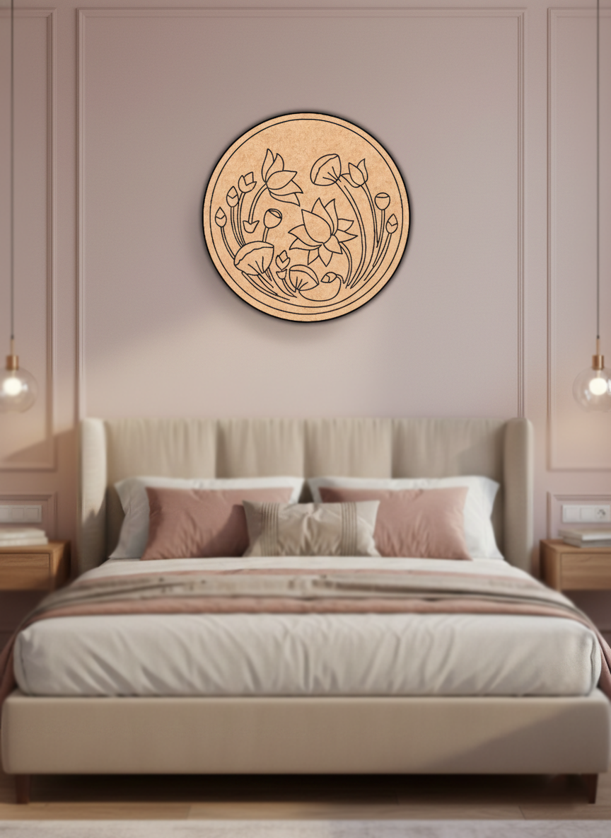 Decorative  DIY MDF wall art above a bed in a bedroom setting