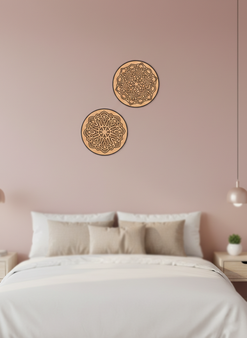 Two MDF DIY wall decor pieces on a pink wall above a bed.