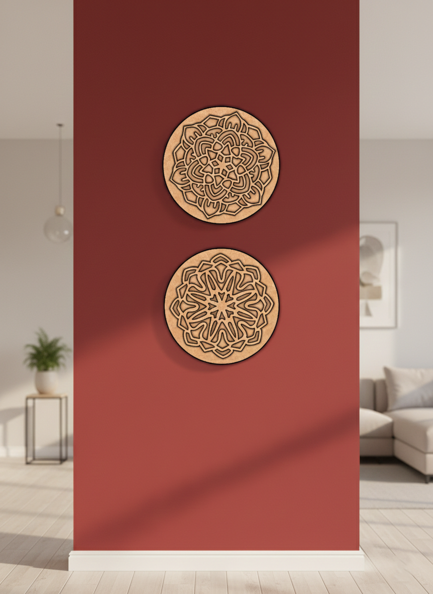 Decorative MDF DIY wall art pieces on a red wall in a living room setting.