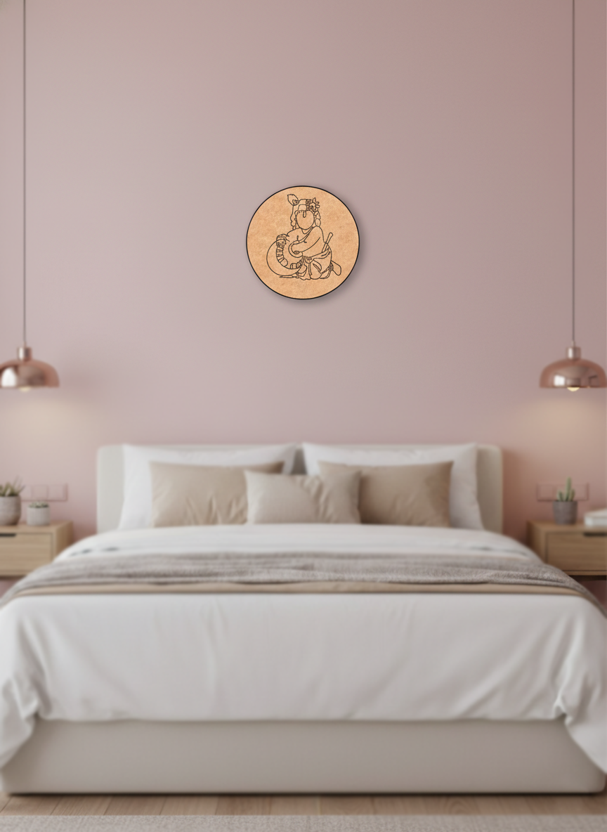 Bedroom with pink walls, a bed, and a decorative MDF DIY wall piece.