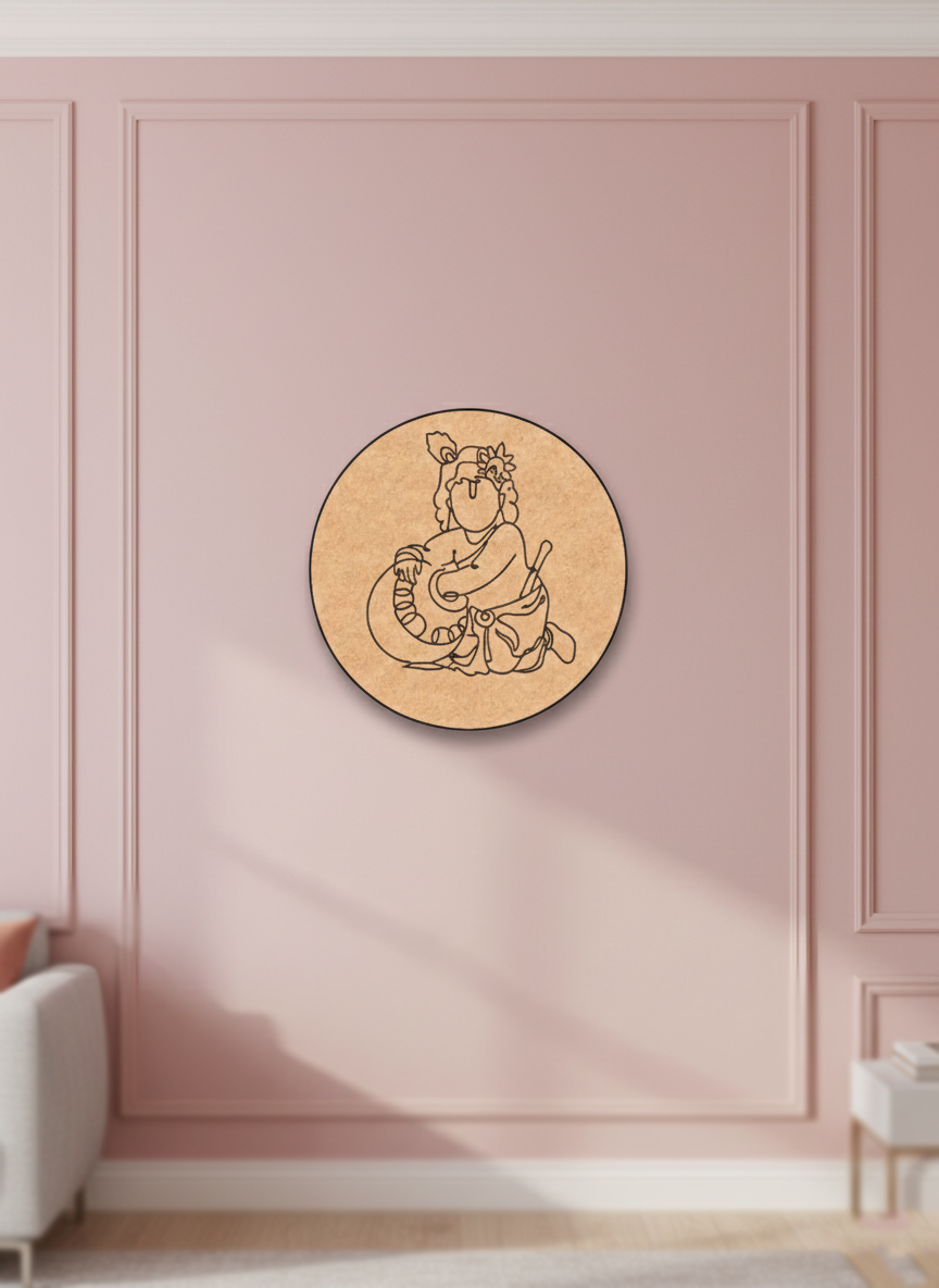 Circular MDF DIY wall art with a design of a krishna holding a pot on a pink paneled wall.