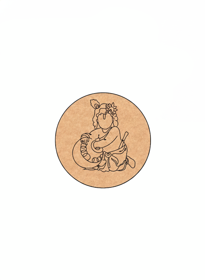 Circular MDF DIY wall art with a line drawing of a krishna holding a pot on a white background