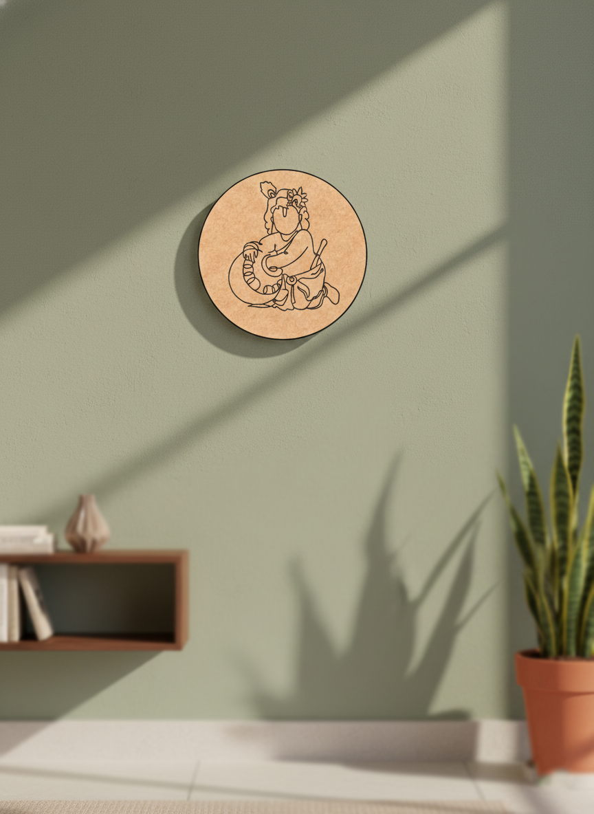 MDF DIY wall art with a krishna design on a light green wall.