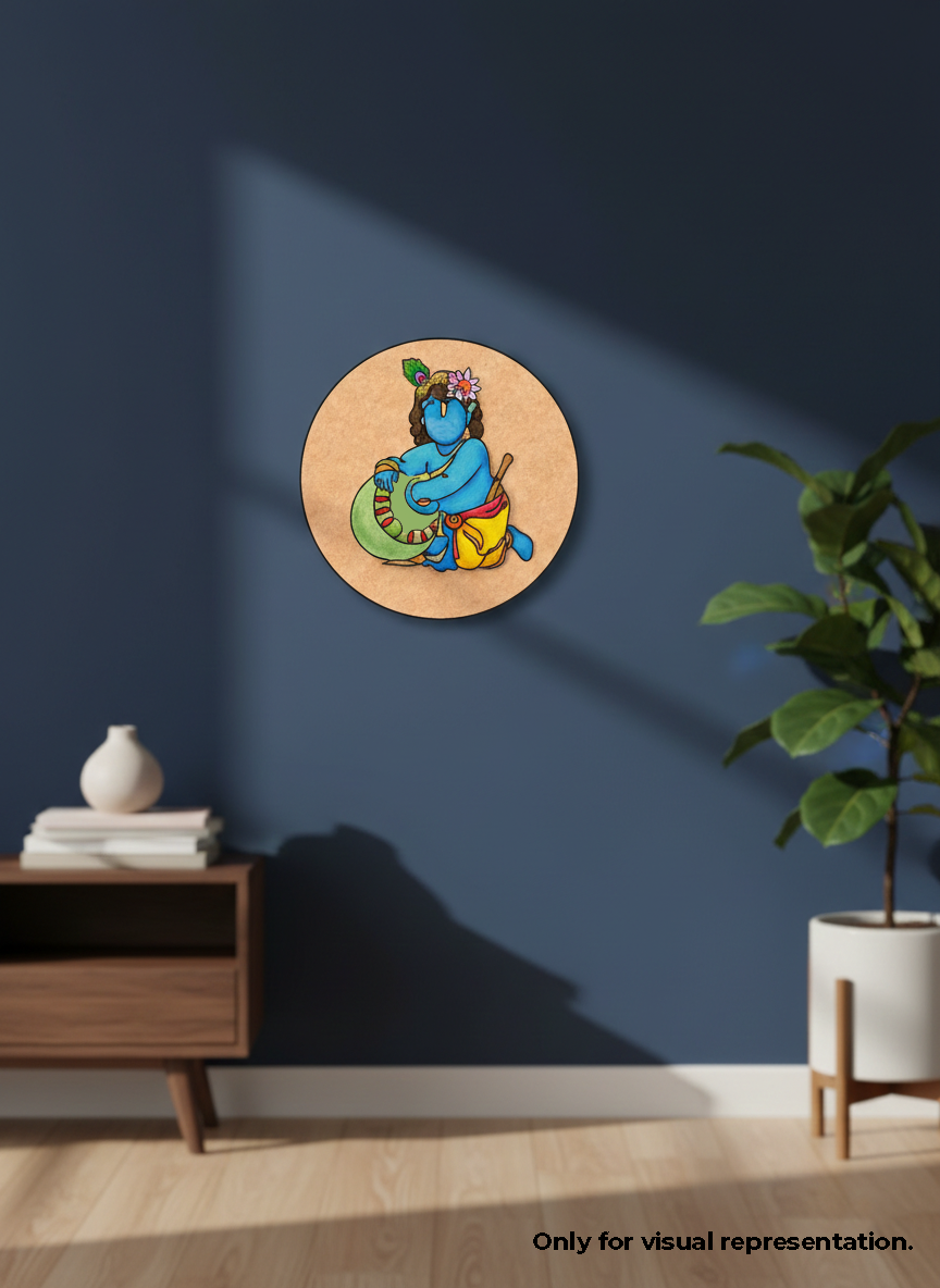 Decorative MDF DIY wall art of a krishna holding a pot on a wooden frame against a blue wall.