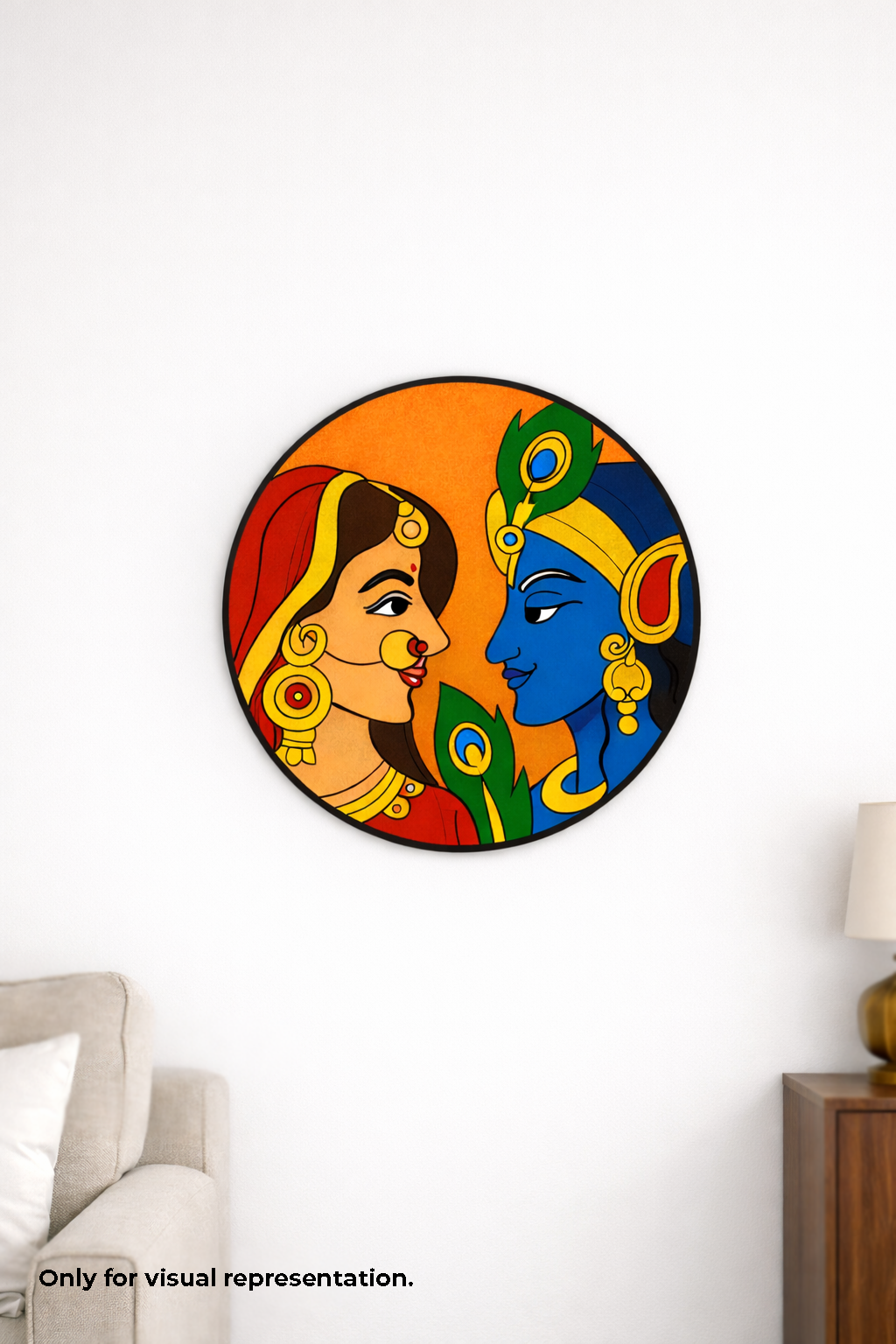 Decorative MDF DIY wall art with colorful design of two faces on a white wall.