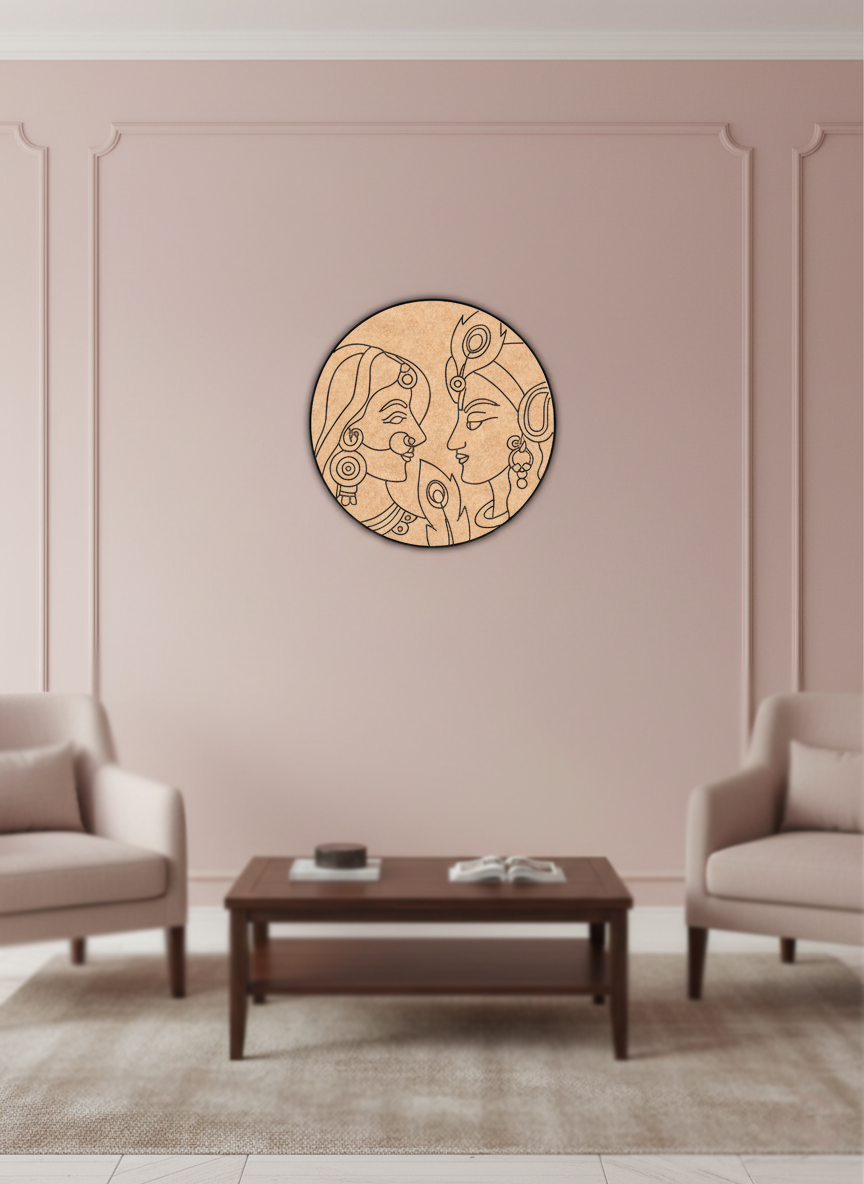 Decorative  MDF DIY wall art with two faces on a pink wall above a coffee table and chairs.