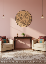Decorative MDF DIY wall art in a living room with pink walls and patterned rug.