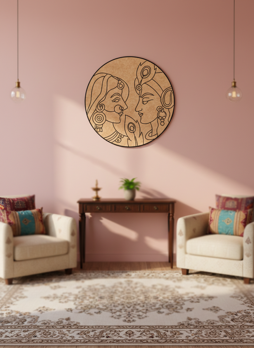 Decorative MDF DIY wall art in a living room with pink walls and patterned rug.
