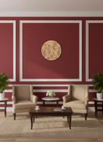 MDF DIY wall art  with red walls, beige furniture, and decorative elements.