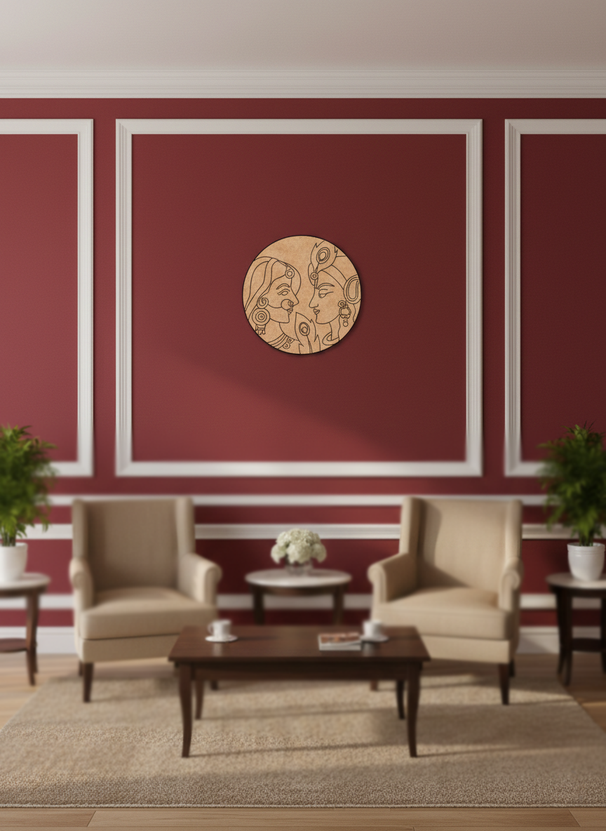 MDF DIY wall art  with red walls, beige furniture, and decorative elements.
