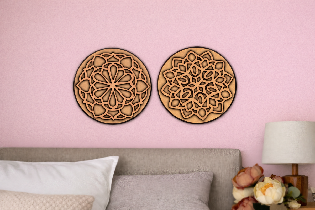 MDF DIY wall decorations with geometric patterns on a pink wall above a bed.