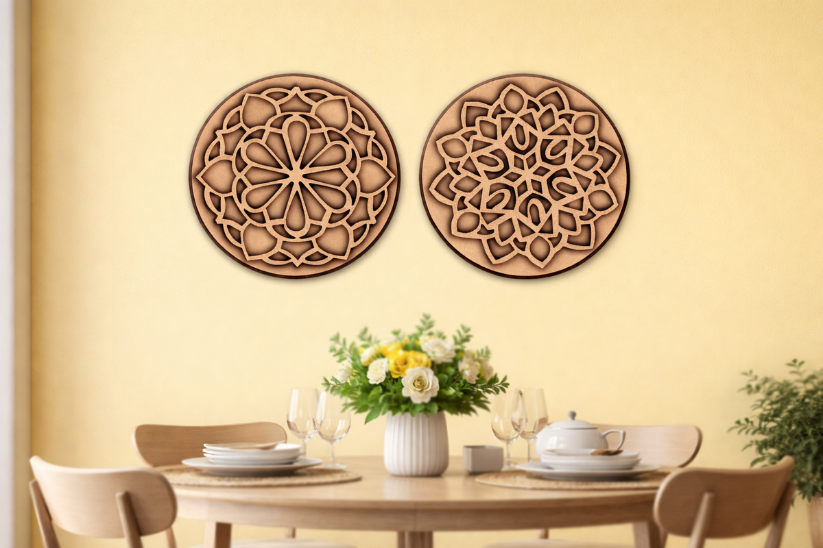 Decorative MDF DIY wall art pieces on a yellow wall above a dining table with a floral arrangement.