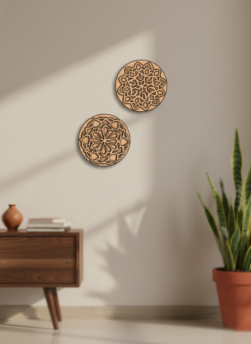 Two MDF DIY wall art decorations on a beige wall with a wooden side table and plant in the foreground.