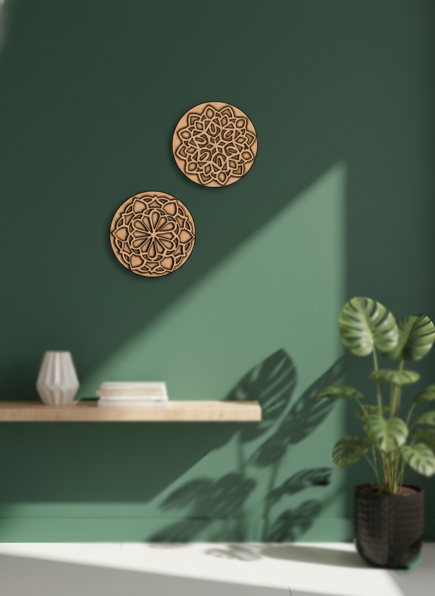 Two MDF DIY  wall decor pieces on a green wall with a plant and shelf in the foreground.