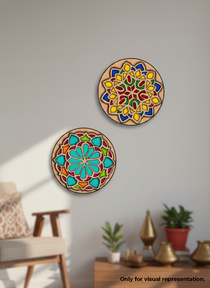 Two colorful circular MDF DIY wall art decorations on a gray wall with a chair and plants in the background.