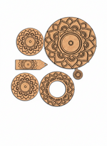 Set of MDF DIY mandala-shaped cutouts on a white background