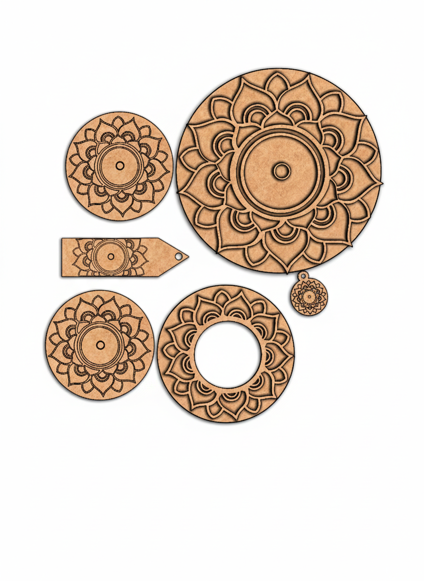 Set of MDF DIY mandala-shaped cutouts on a white background