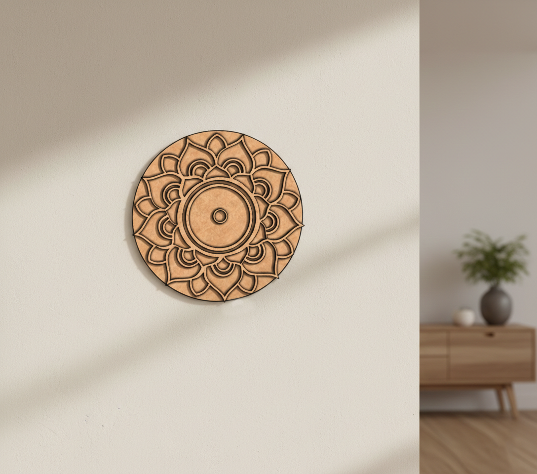 MDF DIY wall decor with mandala design on a plain wall.