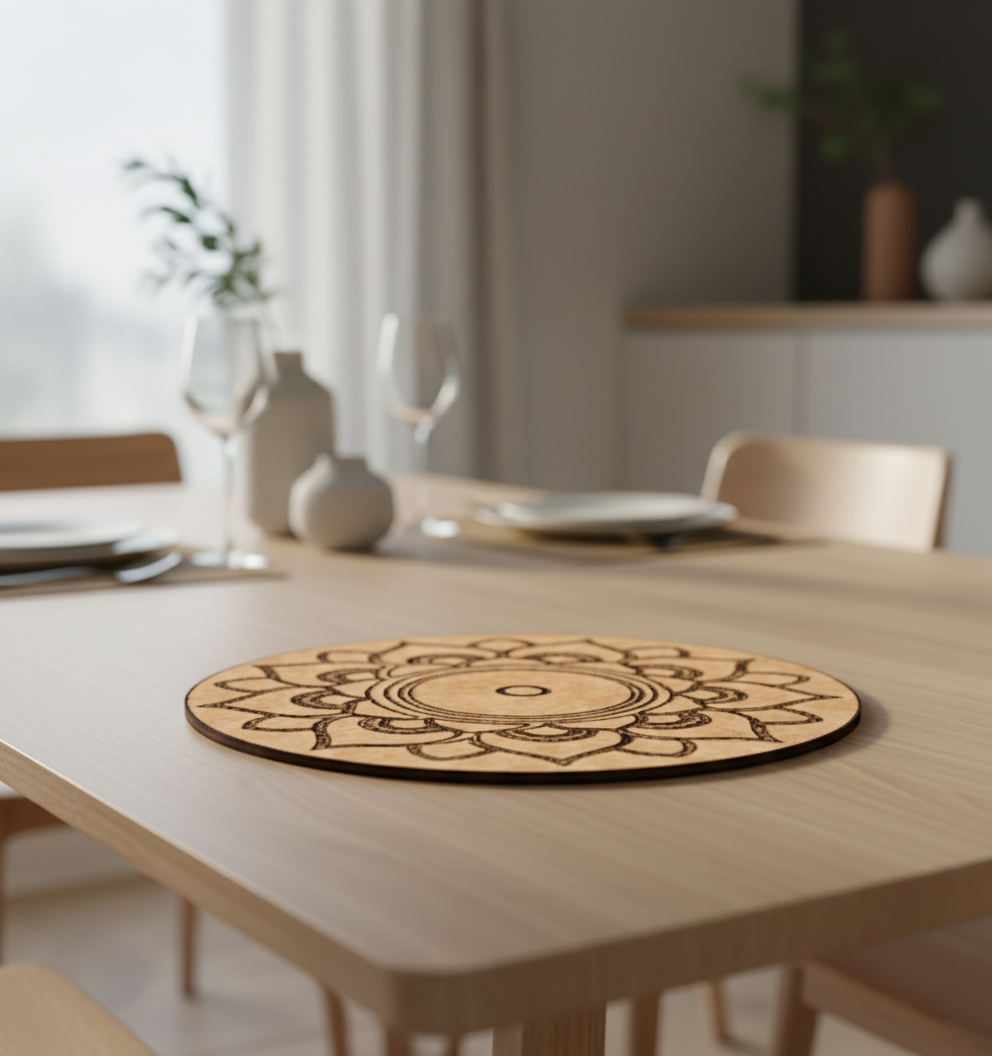 Dining table with a decorative MDF DIY decor item in a modern kitchen setting.