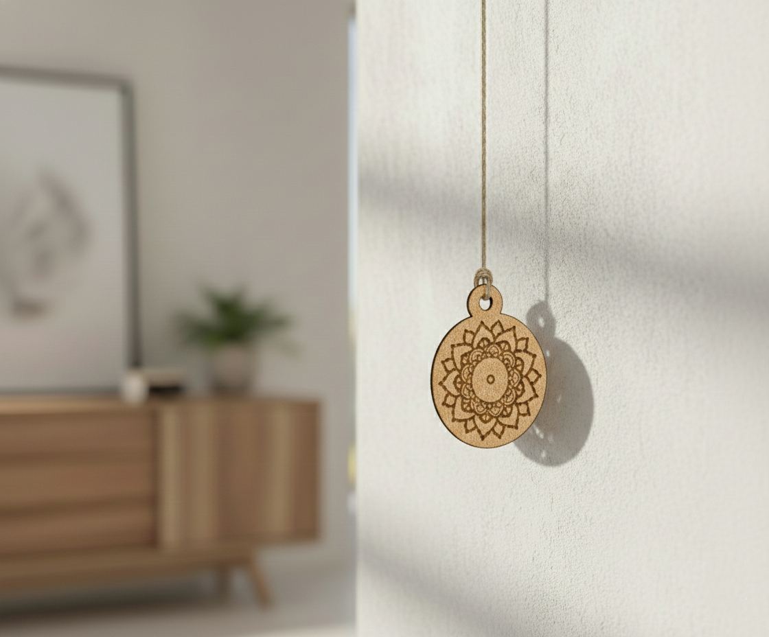 Decorative MDF DIY  pendant hanging against a neutral background