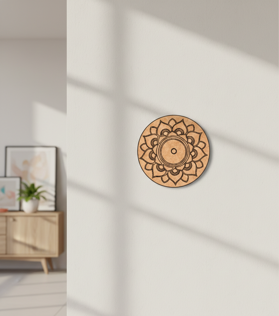 Wooden circular MDF DIY wall art with mandala design on a light gray wall.