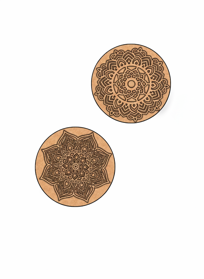 Two round MDF DIY wall art with intricate mandala designs on a white background