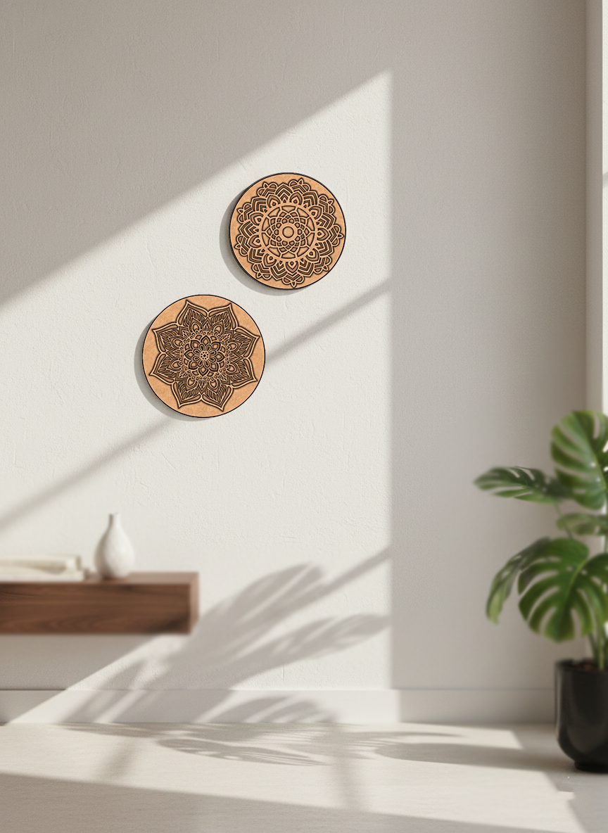 Two MDF DIY wall art pieces with mandala designs on a white wall.