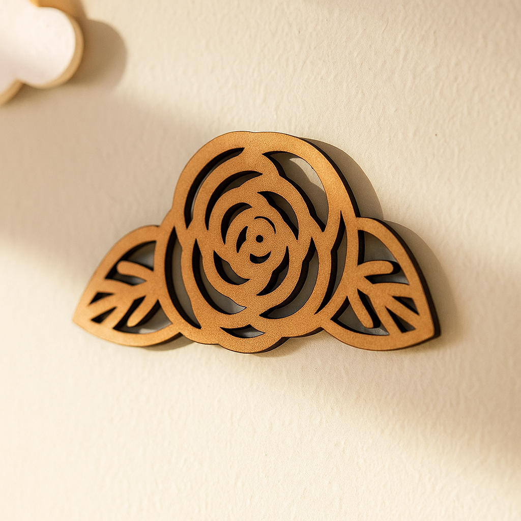 MDF rose flower cutout with two leaves, half-arch outline design for DIY painting, wall décor and craft projects mounted on wall