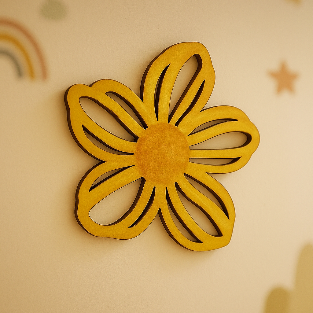 MDF hollow petal flower cutout with openwork design for DIY painting, wall décor and craft projects, mounted on wall