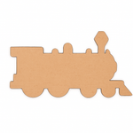 Unpainted MDF steam train engine cutout with multiple rounded wheels, a tall front lamp shape, and simple silhouette details, shown on a white background