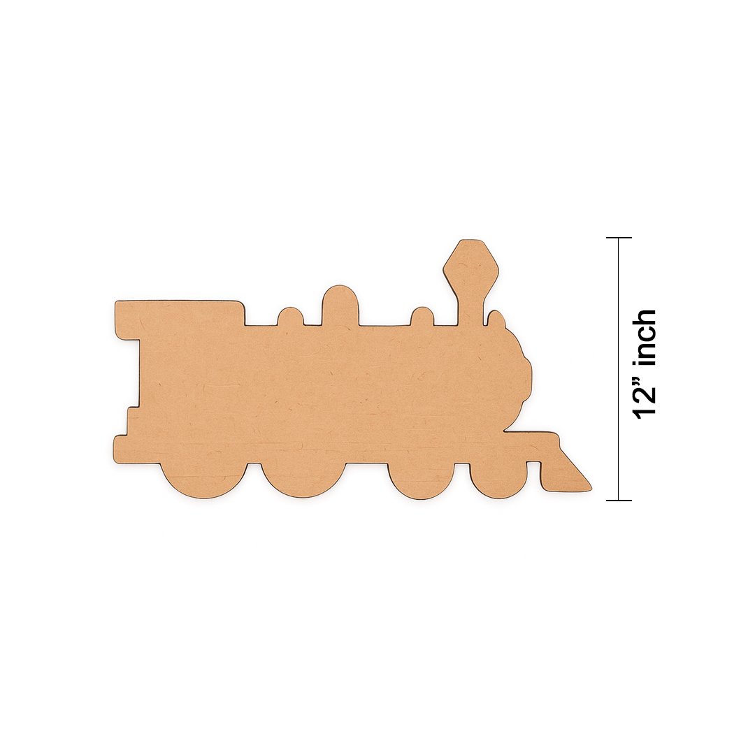 Unpainted MDF steam train engine cutout with multiple rounded wheels, a tall front lamp shape, and simple silhouette details, shown on a white background with size