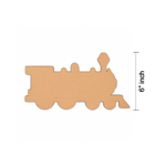 Unpainted MDF steam train engine cutout with multiple rounded wheels, a tall front lamp shape, and simple silhouette details, shown on a white background with size