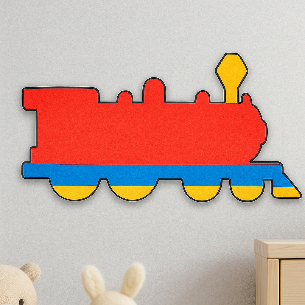 Painted MDF steam train engine cutout with multiple rounded wheels, a tall front lamp shape, and simple silhouette details, hanging on wall