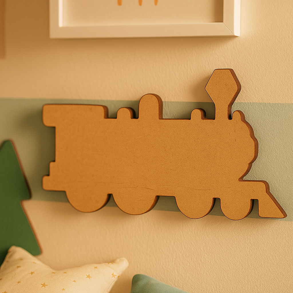 Unpainted MDF steam train engine cutout with multiple rounded wheels, a tall front lamp shape, and simple silhouette details, hanging on wall