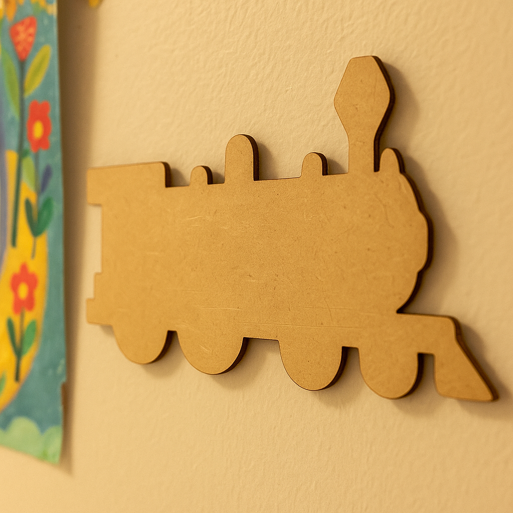 Unpainted MDF steam train engine cutout with multiple rounded wheels, a tall front lamp shape, and simple silhouette details, hanging on wall