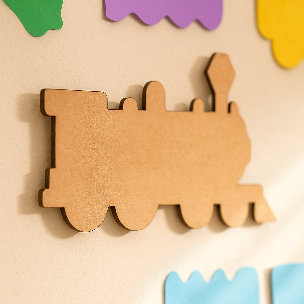 Unpainted MDF steam train engine cutout with multiple rounded wheels, a tall front lamp shape, and simple silhouette details, hanging on wall