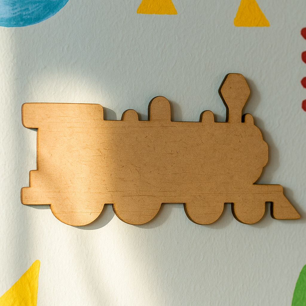 Unpainted MDF steam train engine cutout with multiple rounded wheels, a tall front lamp shape, and simple silhouette details, hanging on wall