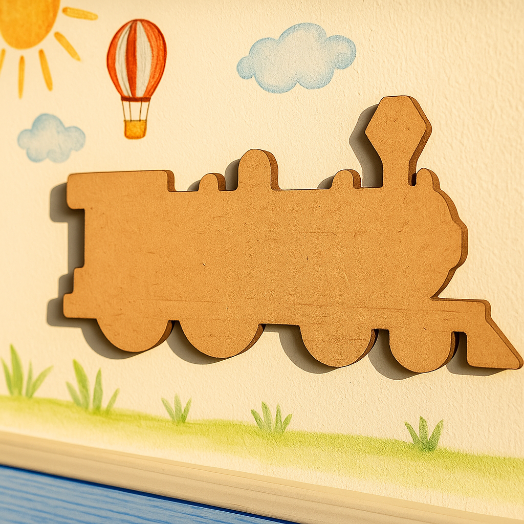 Unpainted MDF steam train engine cutout with multiple rounded wheels, a tall front lamp shape, and simple silhouette details, hanging on wall