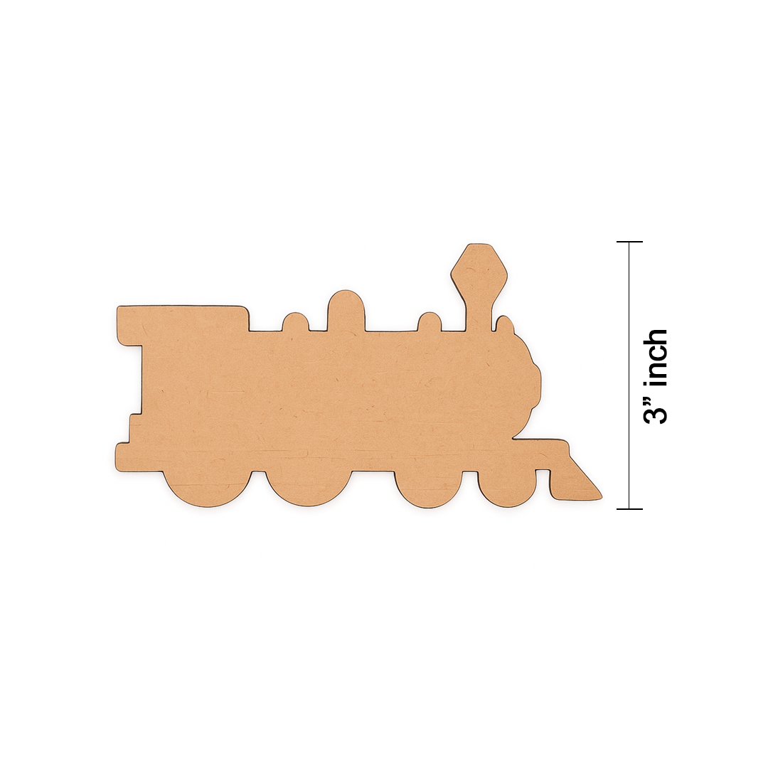 Unpainted MDF steam train engine cutout with multiple rounded wheels, a tall front lamp shape, and simple silhouette details, shown on a white background with size