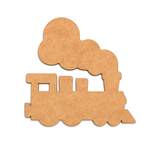Unpainted MDF steam train cutout with large cloud-shaped smoke, a square window in the engine cab, and rounded wheels, displayed on a white background
