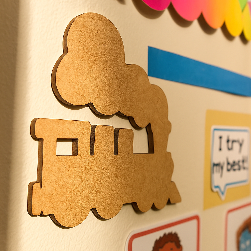 Unpainted MDF steam train cutout with large cloud-shaped smoke, a square window in the engine cab, and rounded wheels, hanging on wall