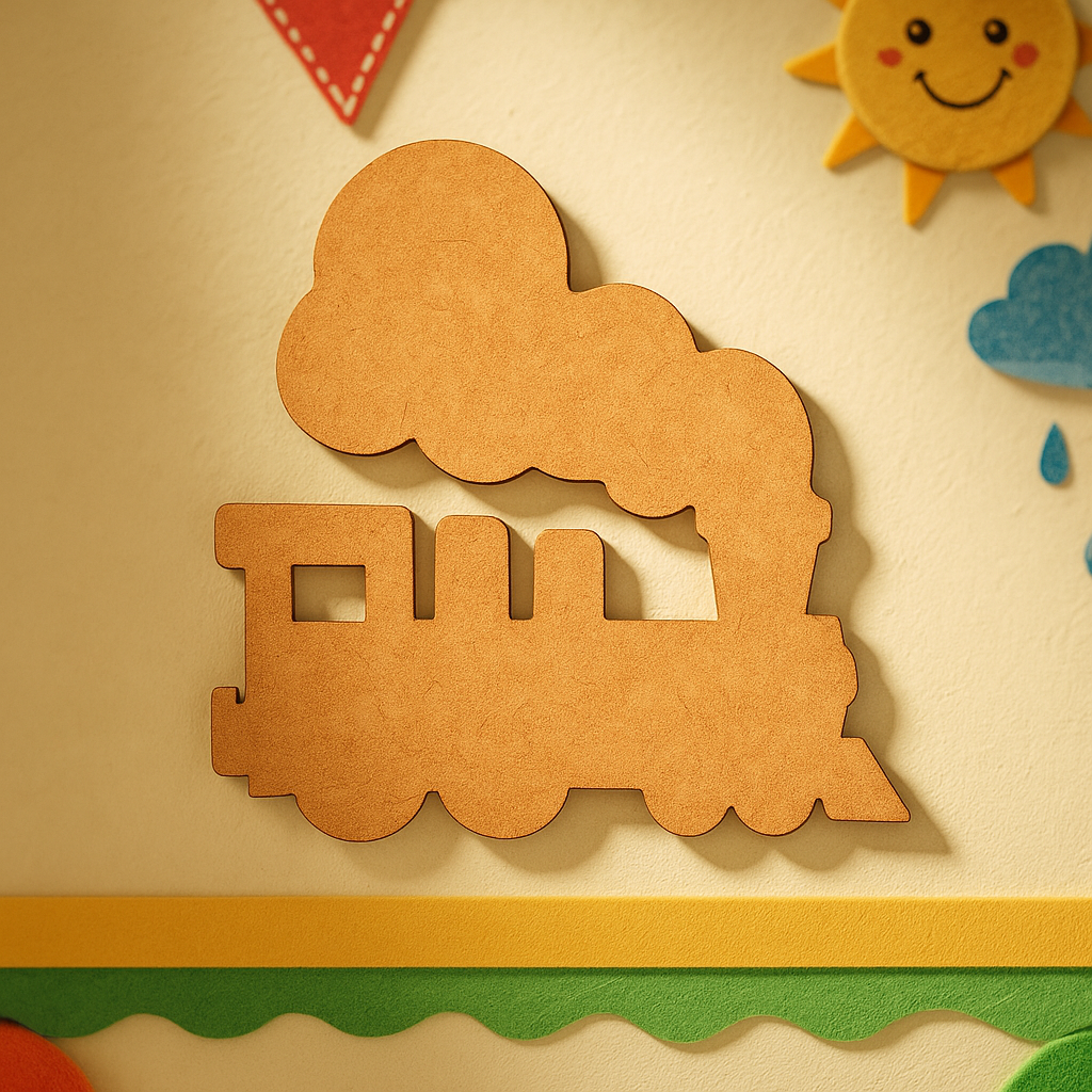 Unpainted MDF steam train cutout with large cloud-shaped smoke, a square window in the engine cab, and rounded wheels, hanging on wall